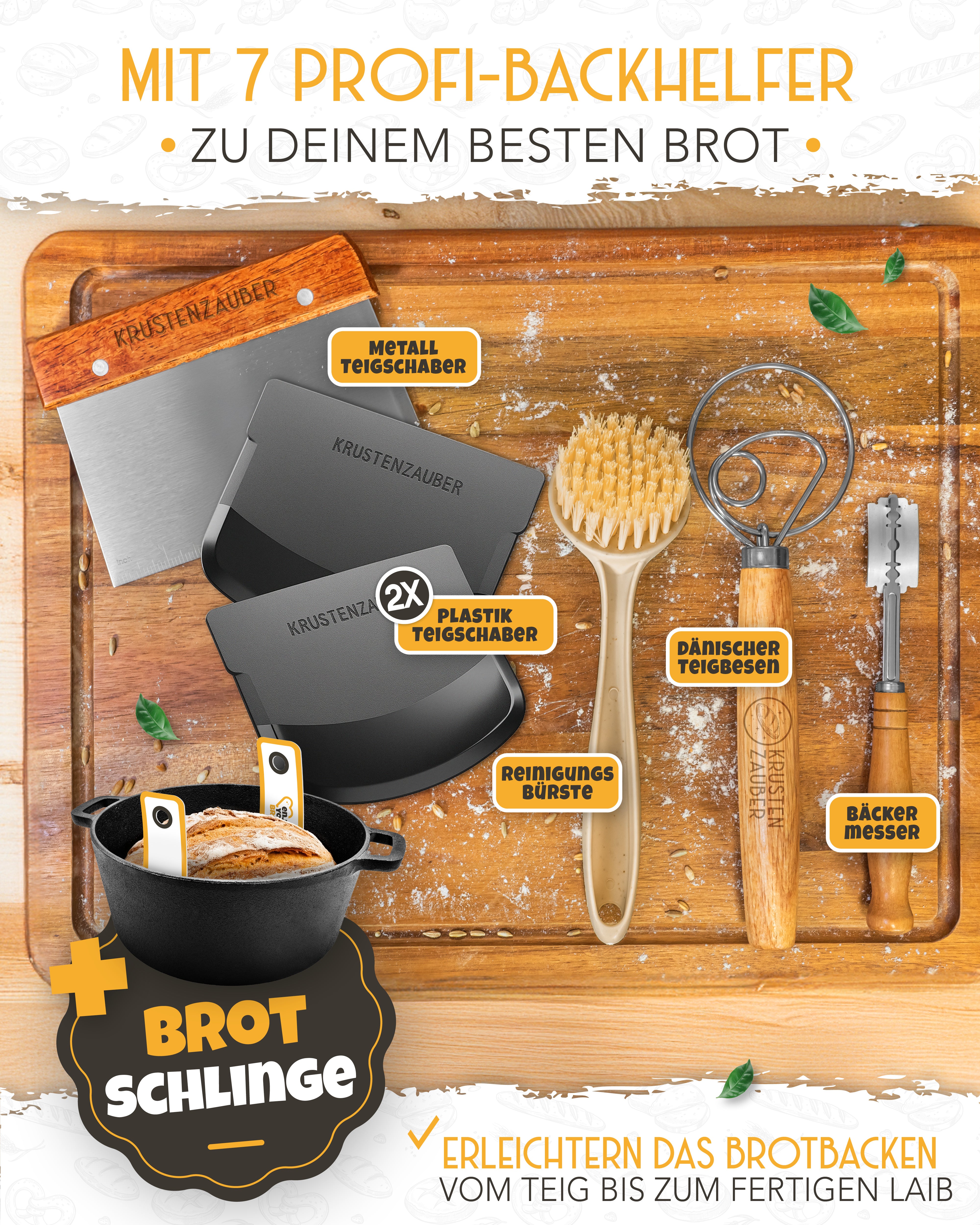 Vorteilspack - Gusseisen Brotbacktopf 4,7l mit Deckel samt diversen Zubehör