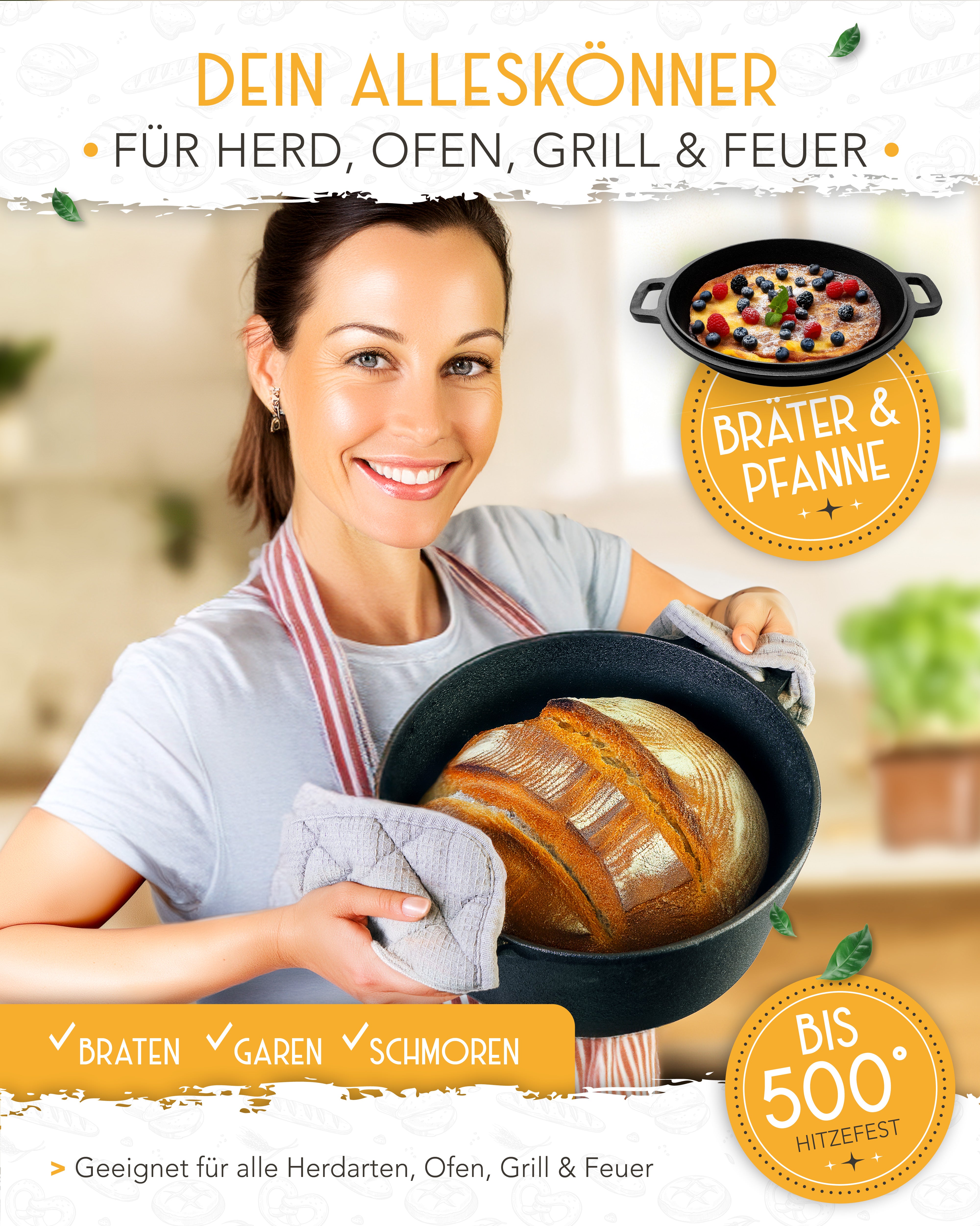 Vorteilspack - Gusseisen Brotbacktopf 4,7l mit Deckel samt diversen Zubehör
