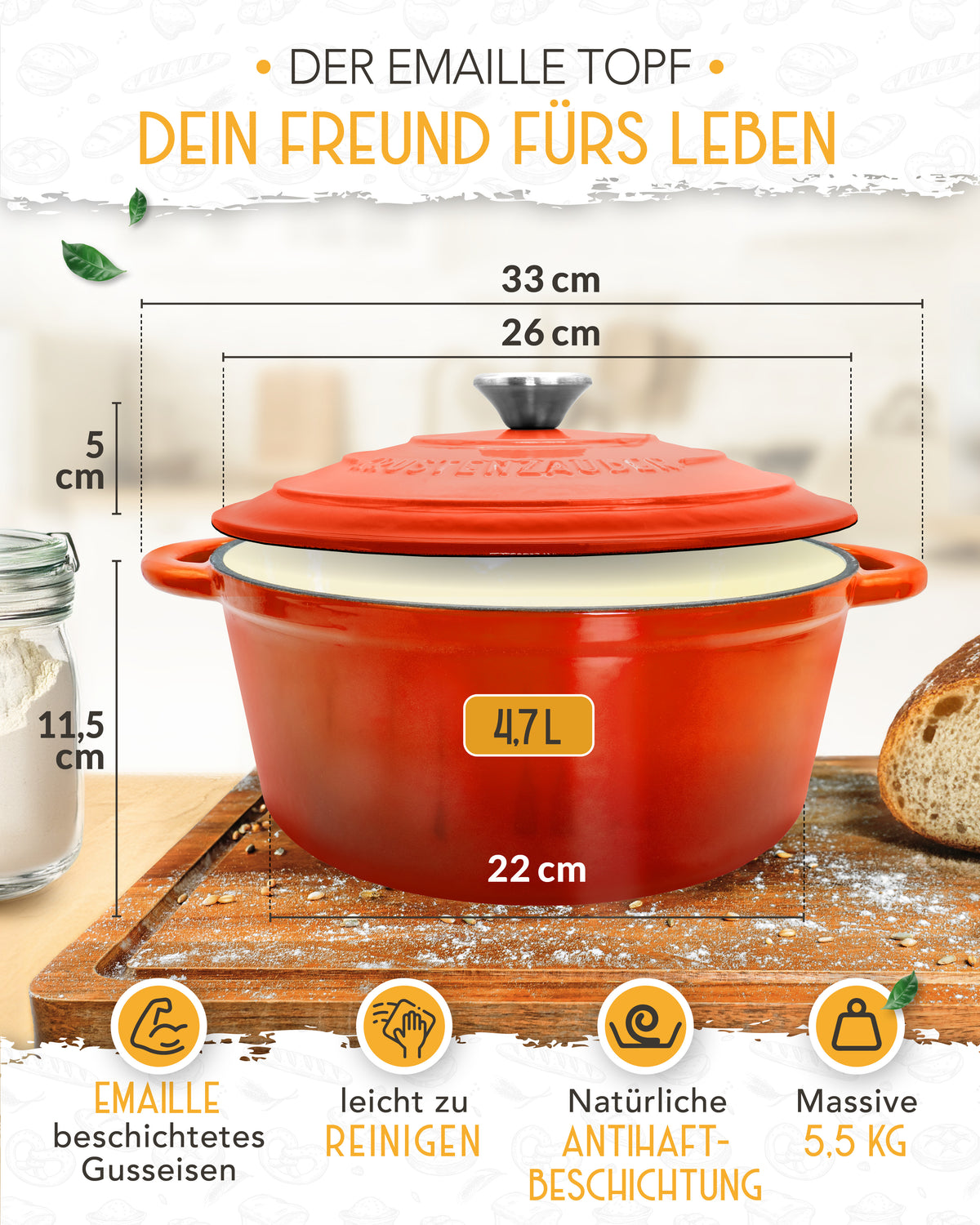 Einsteiger-Set – Gusseisentopf Emaille Rot 4,7 l, Zubehör & Rezept-Booklet