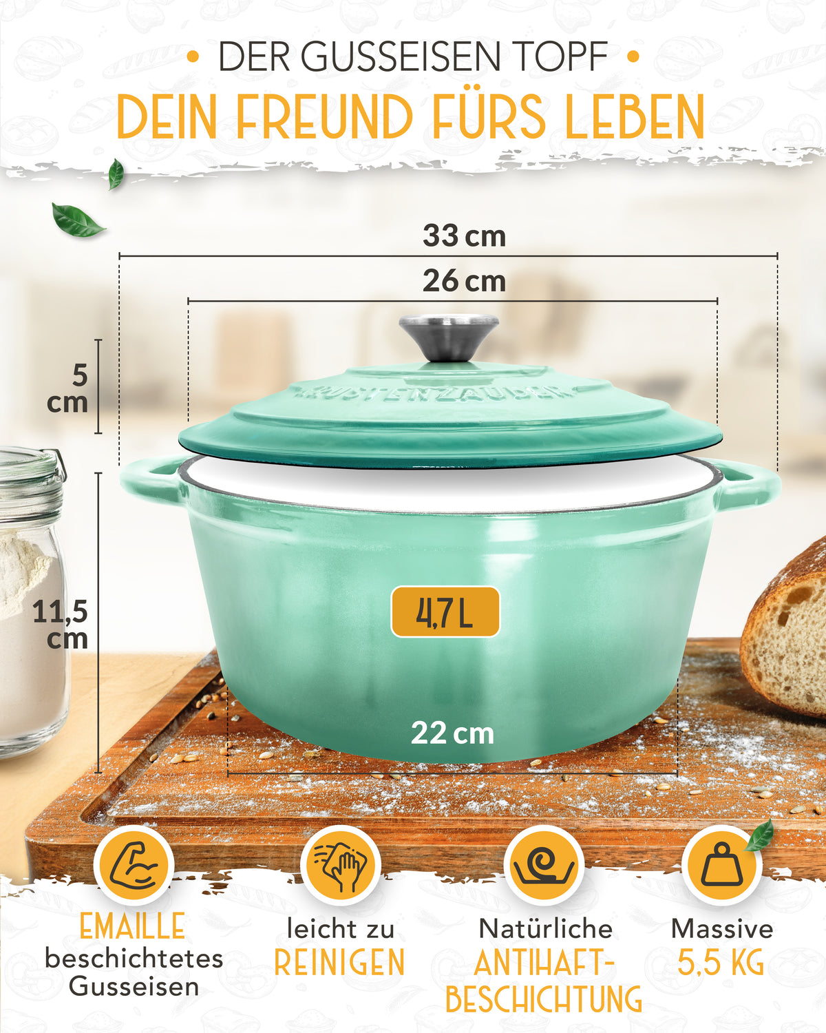 Einsteiger-Set – Gusseisentopf Emaille Mint 4,7 l, Zubehör & Rezept-Booklet