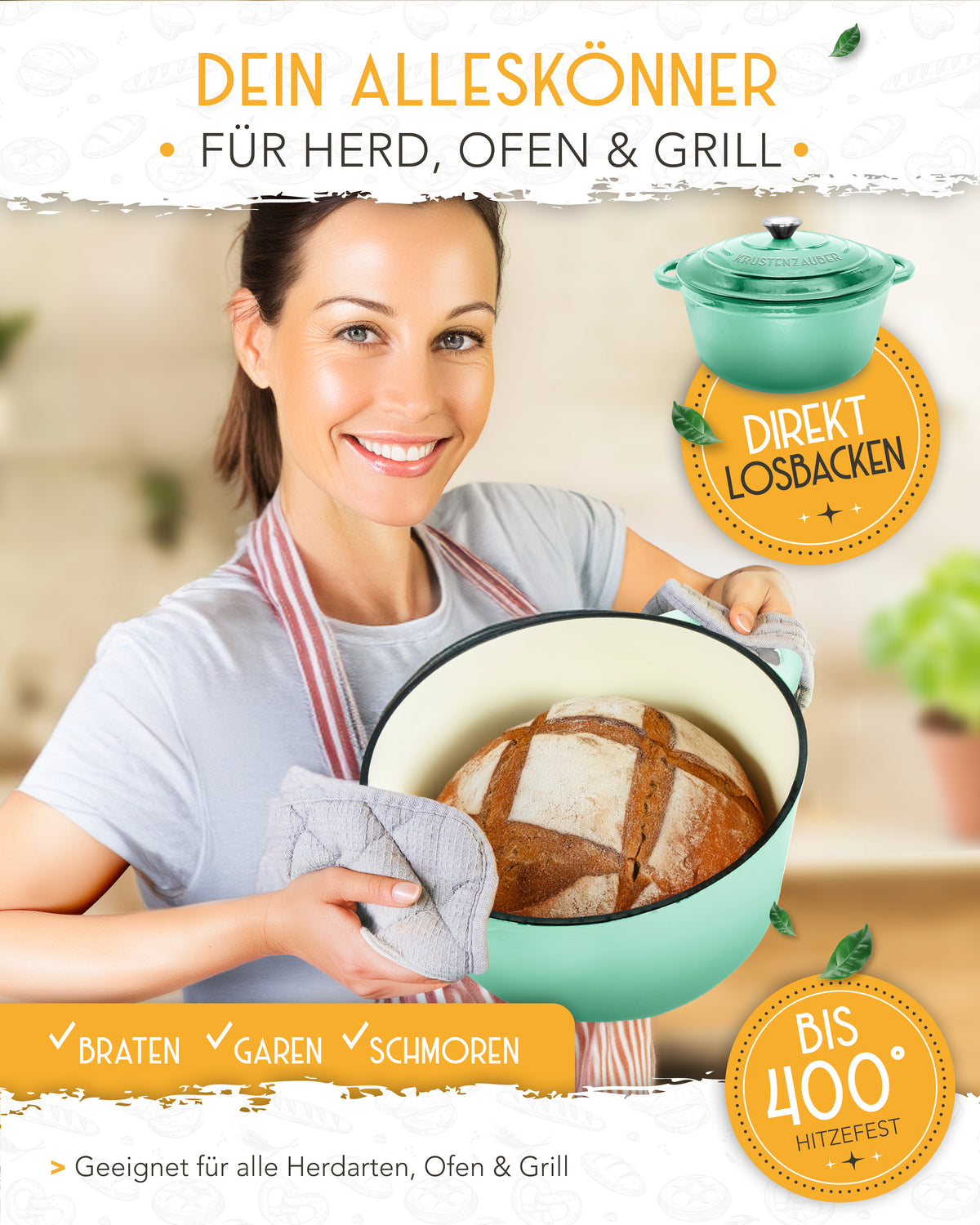 Einsteiger-Set – Gusseisentopf Emaille Mint 4,7 l, Zubehör & Rezept-Booklet