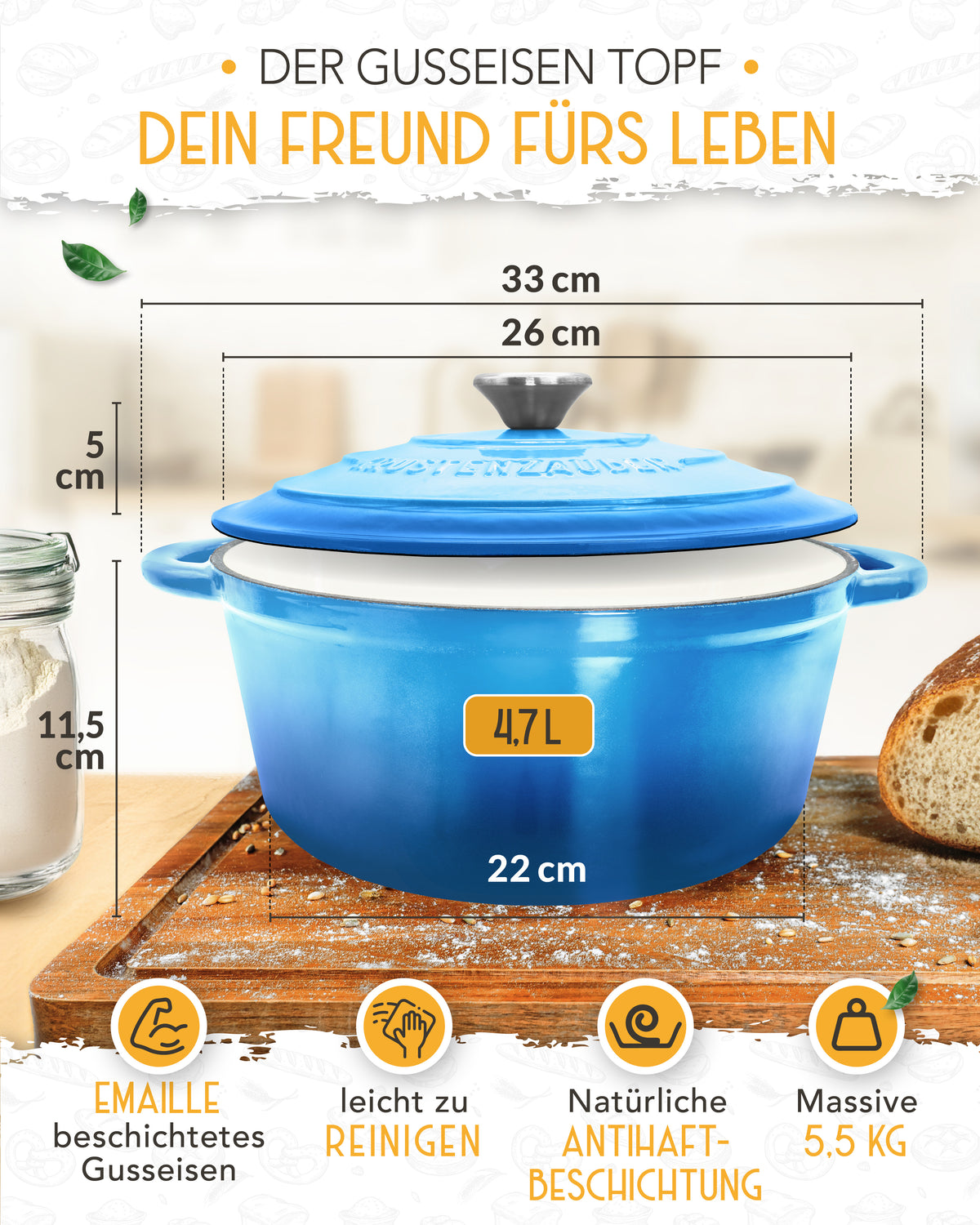 Einsteiger-Set – Gusseisentopf Emaille Blau 4,7 l, Zubehör & Rezept-Booklet