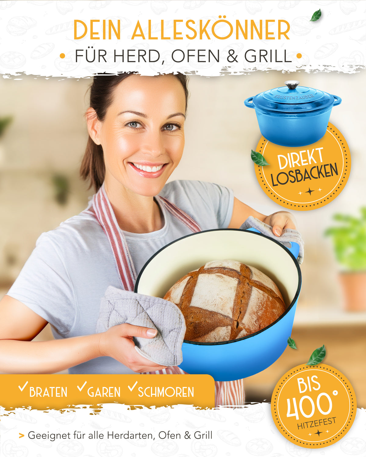 Einsteiger-Set – Gusseisentopf Emaille Blau 4,7 l, Zubehör & Rezept-Booklet