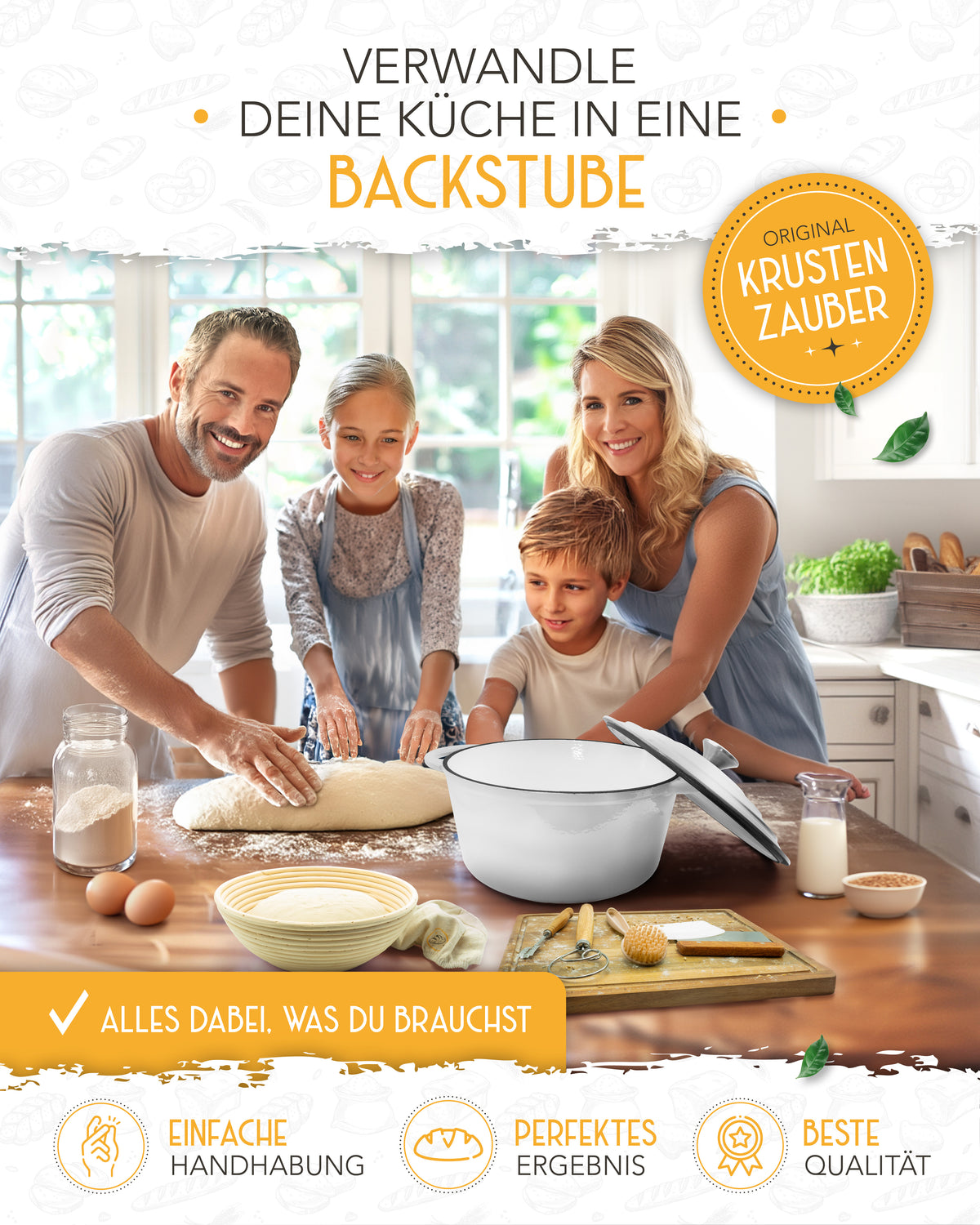 Einsteiger-Set – Gusseisentopf Emaille Weiß 4,7 l, Zubehör & Rezept-Booklet