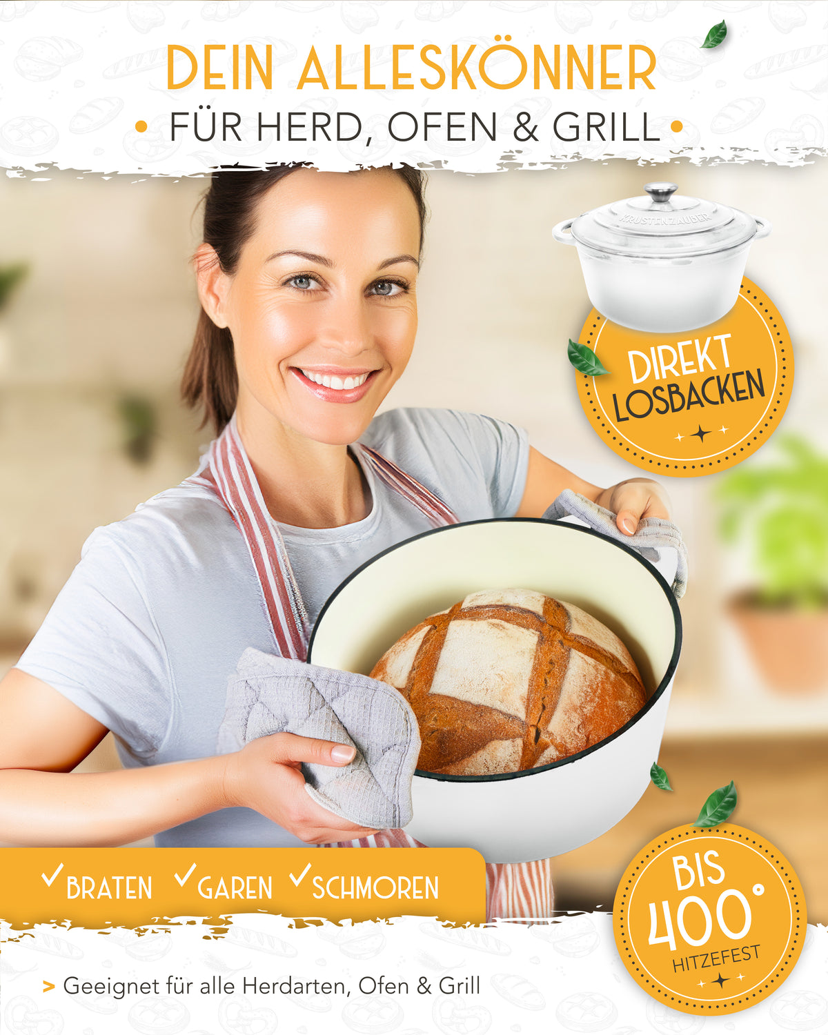 Einsteiger-Set – Gusseisentopf Emaille Weiß 4,7 l, Zubehör & Rezept-Booklet