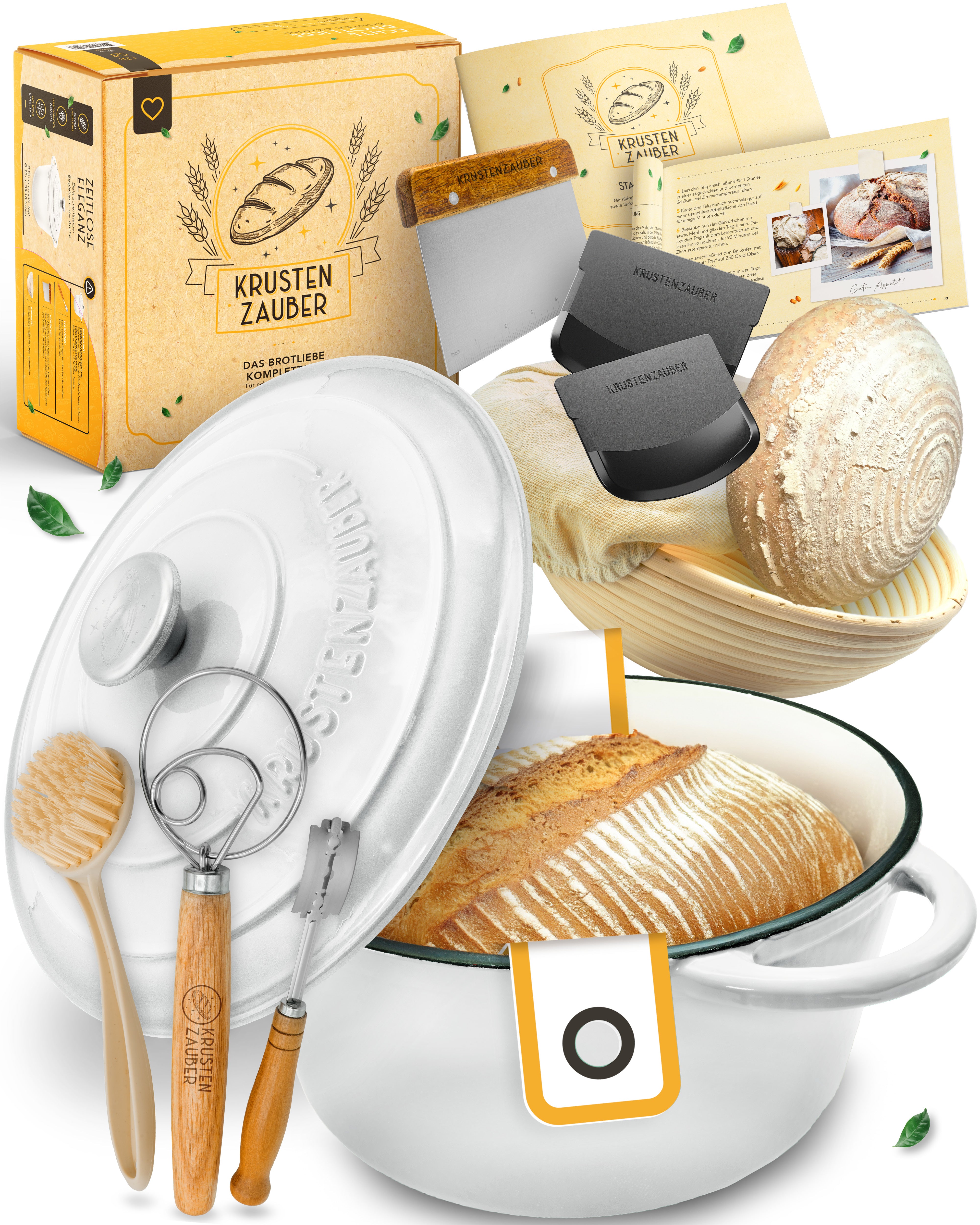 Einsteiger-Set – Gusseisentopf Emaille Weiß 4,7 l, Zubehör & Rezept-Booklet