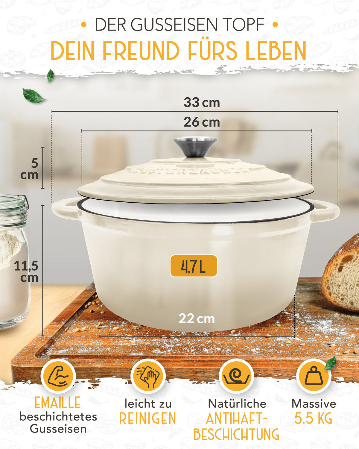 Einsteiger-Set – Gusseisentopf Emaille Creme 4,7 l, Zubehör & Rezept-Booklet