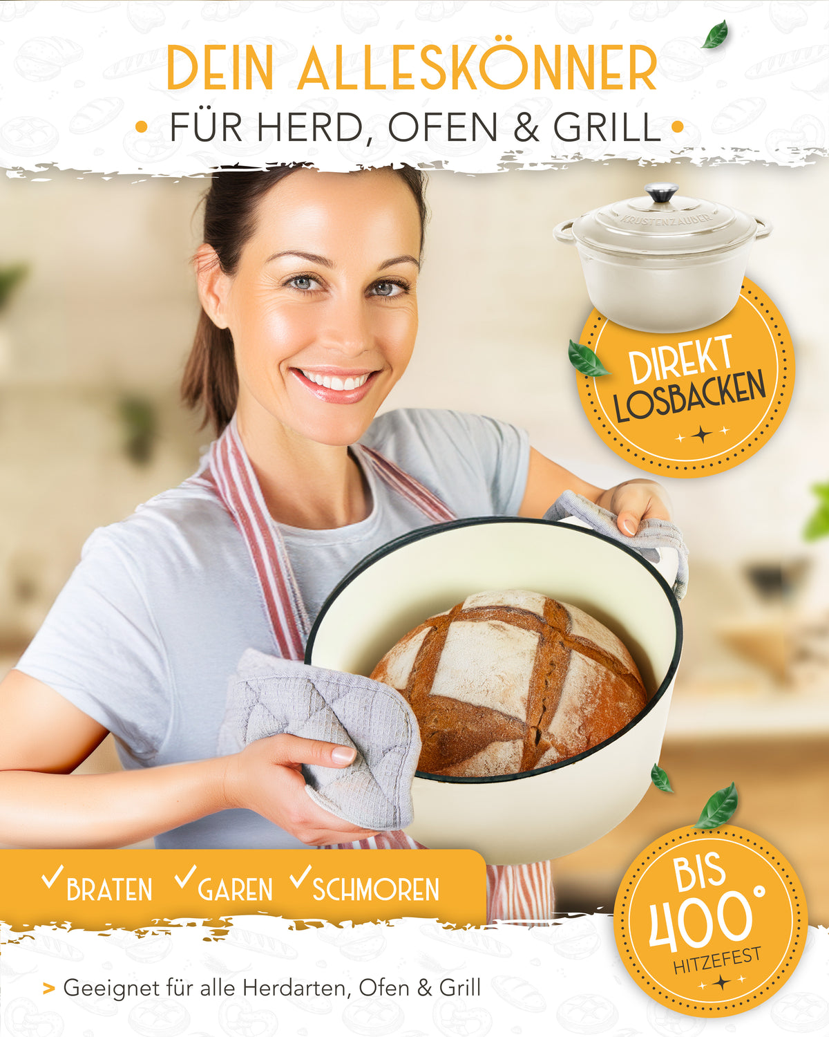 Einsteiger-Set – Gusseisentopf Emaille Creme 4,7 l, Zubehör & Rezept-Booklet