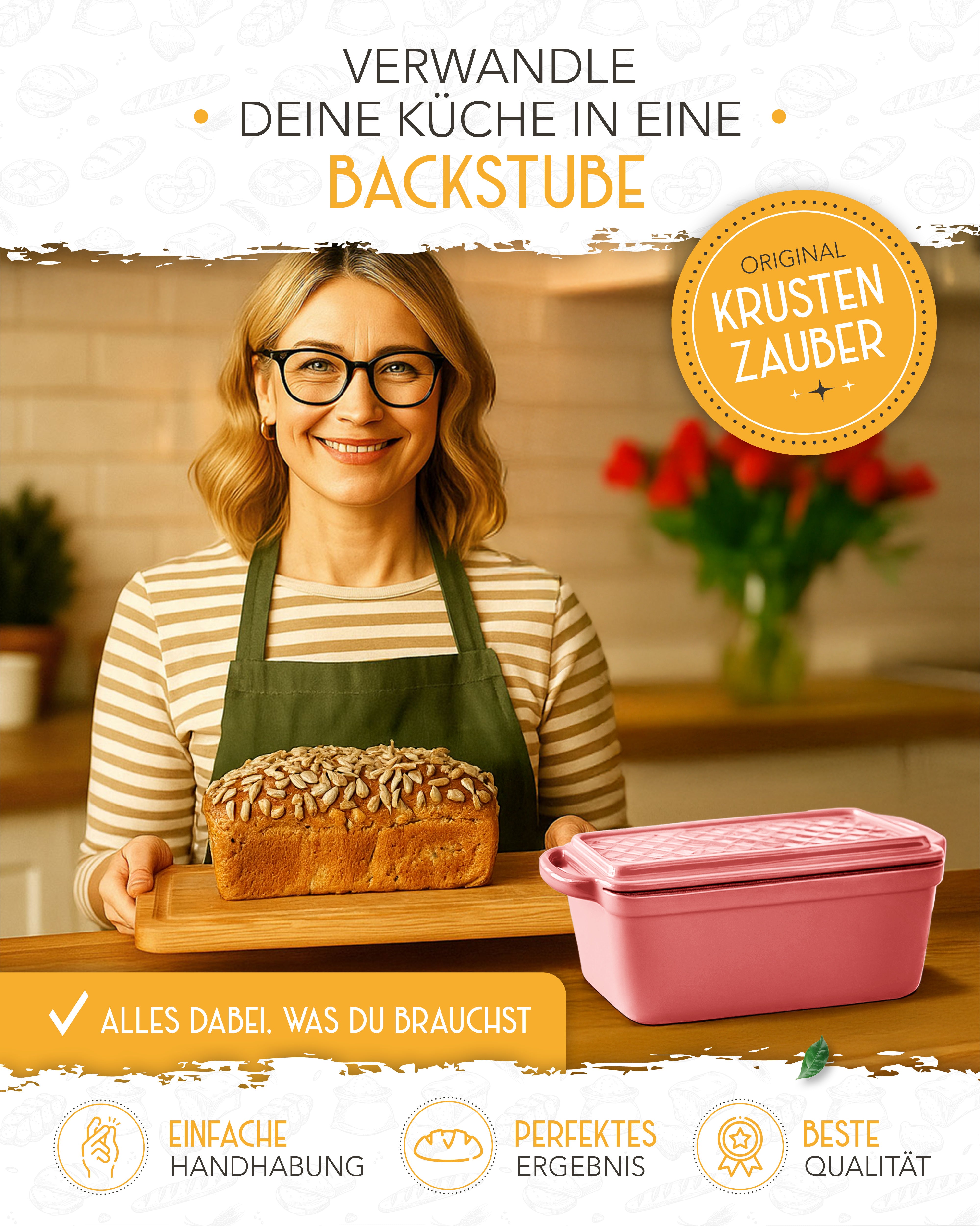 Einsteiger-Set – Emaille Brotbackform 28cm mit Deckel Rosa, Zubehör & Rezept-Booklet