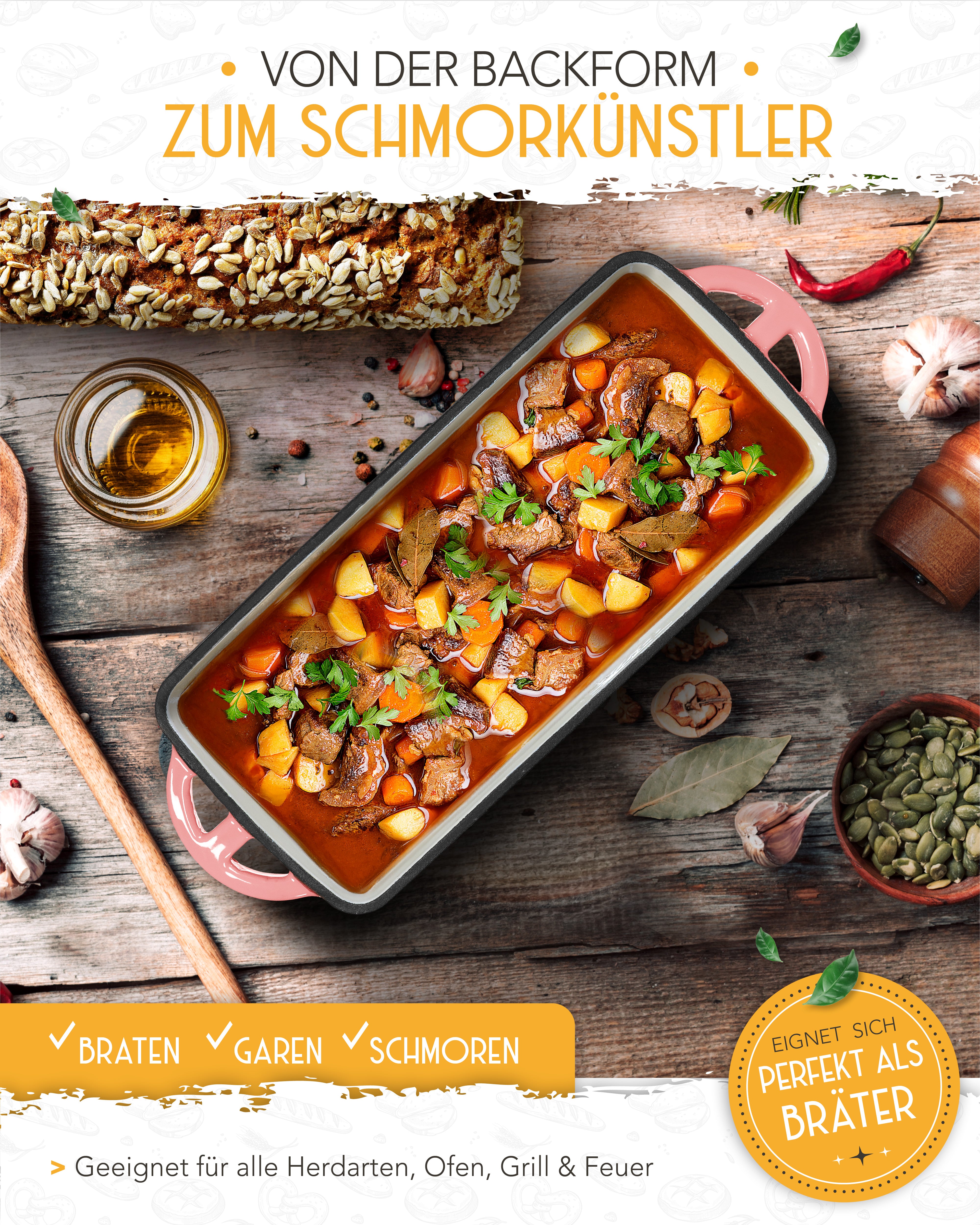 Einsteiger-Set – Emaille Brotbackform 28cm mit Deckel Rosa, Zubehör & Rezept-Booklet