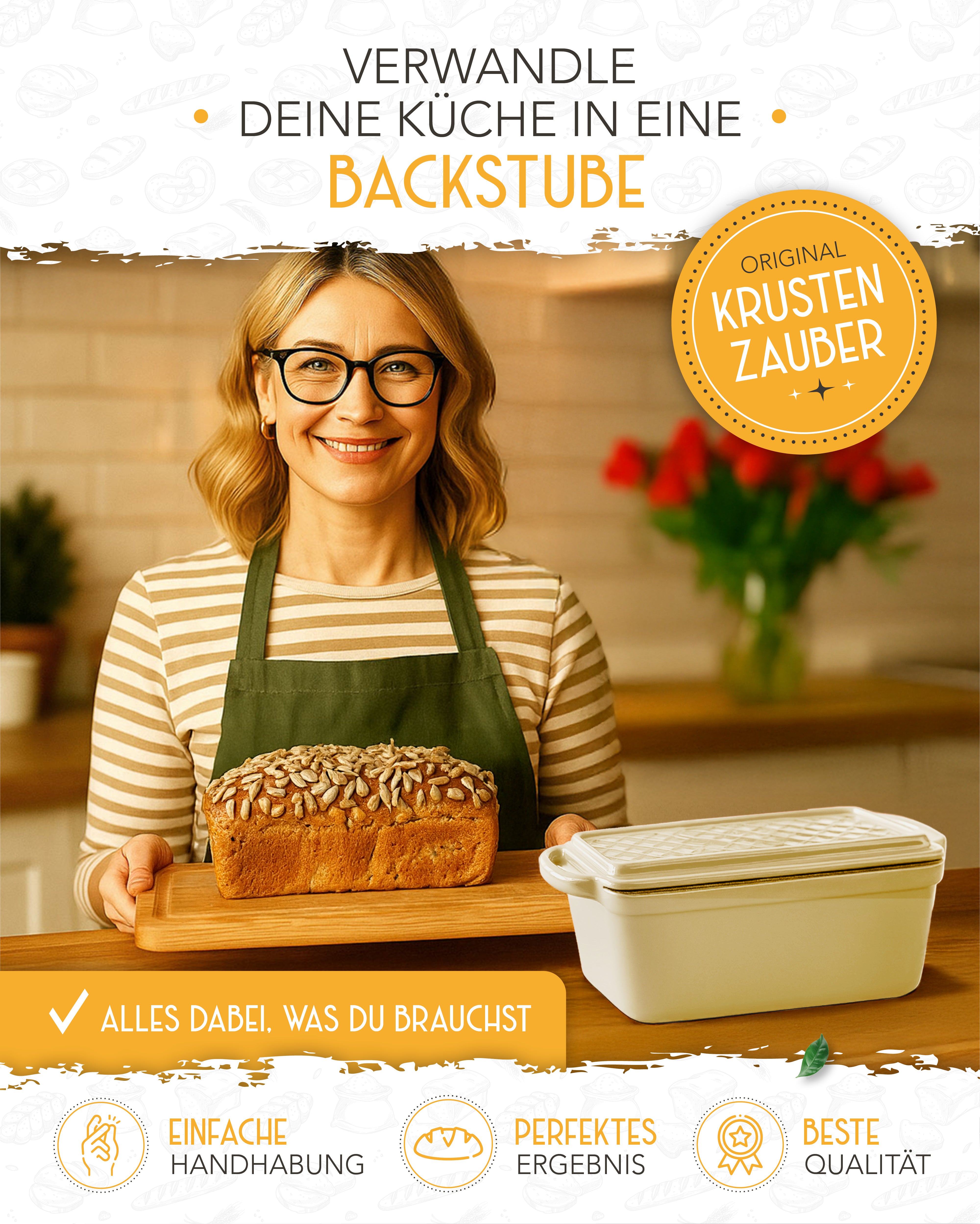 Einsteiger-Set – Emaille Brotbackform 28cm mit Deckel Creme, Zubehör & Rezept-Booklet