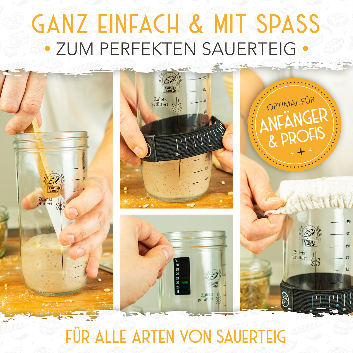 Vorteilspack - 2x Gärkörbchen, 600ml Sauerteig Starter Set, Bäckermesser, Spatel, Teigbesen, Teigkarte
