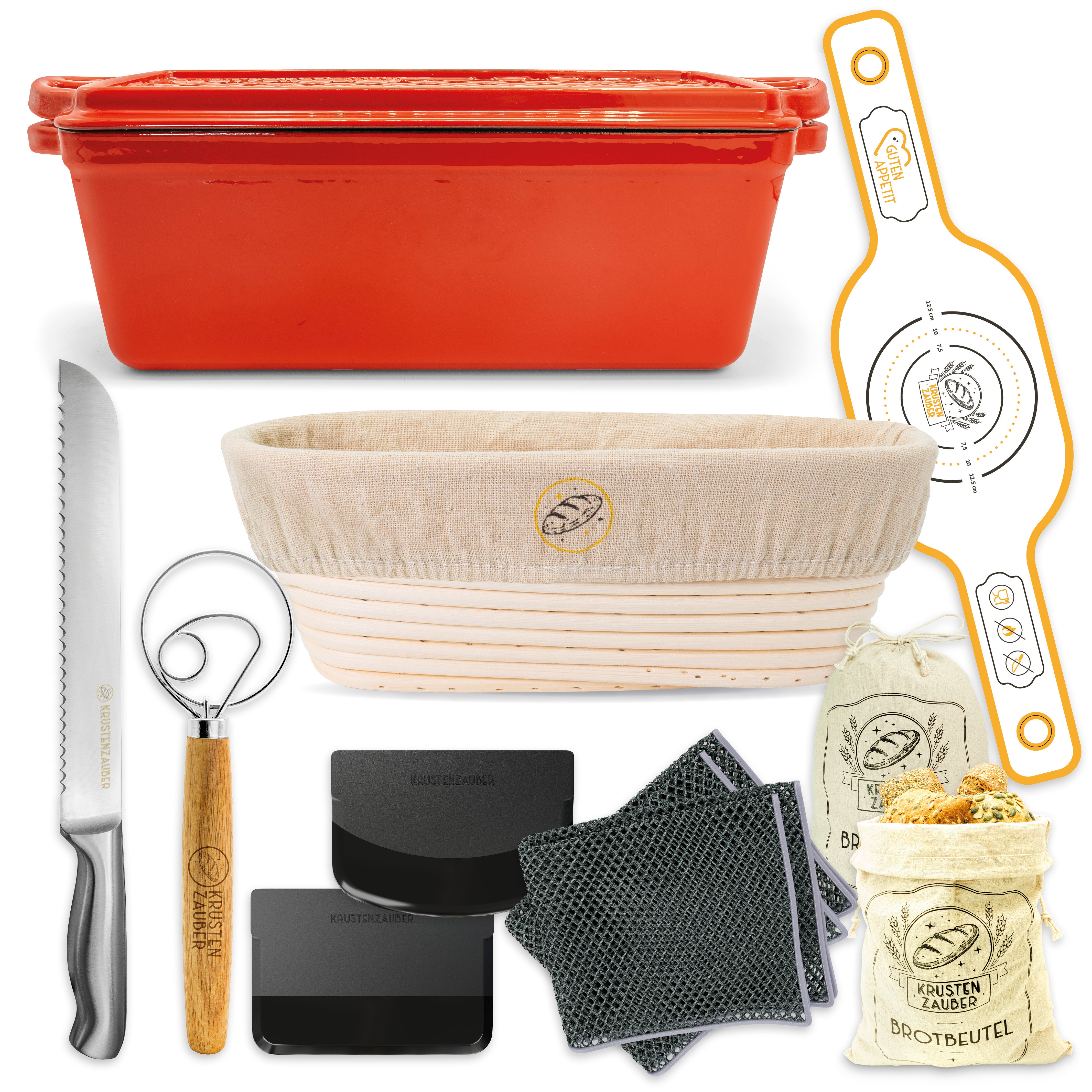 Einsteiger-Set – Emaille Brotbackform 28cm mit Deckel Rot, Zubehör & Rezept-Booklet