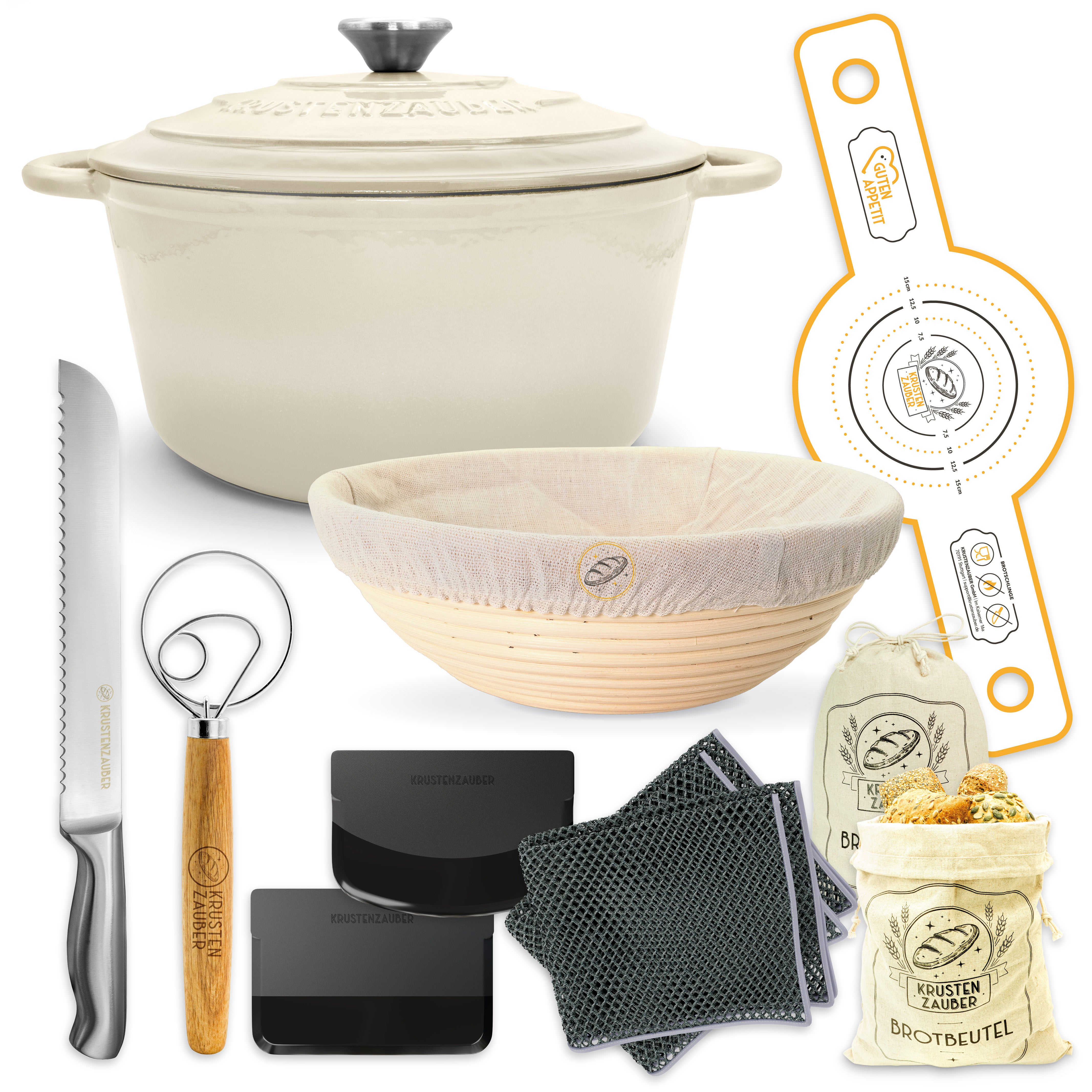 Einsteiger-Set – Gusseisentopf Emaille Creme 4,7 l, Zubehör & Rezept-Booklet