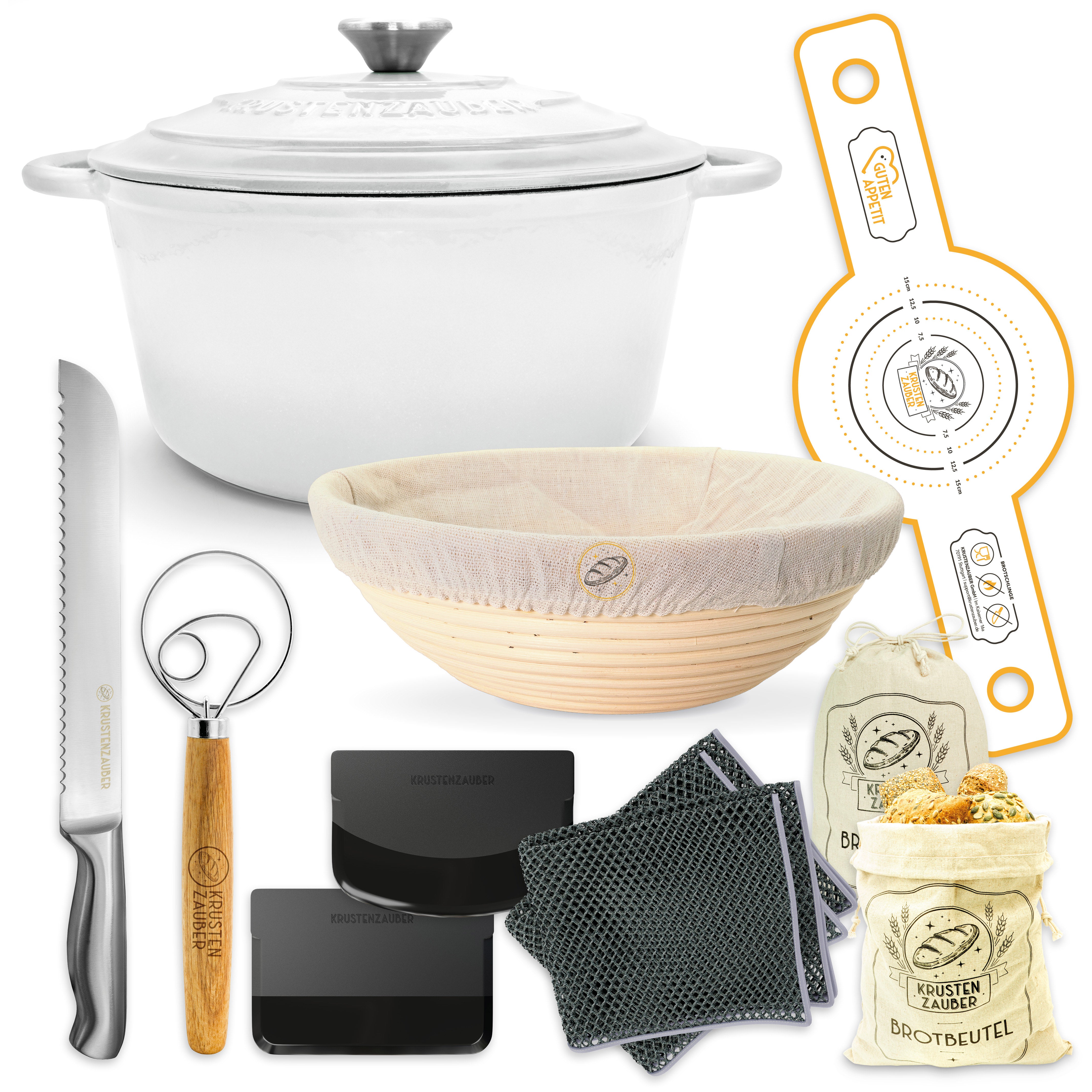 Einsteiger-Set – Gusseisentopf Emaille Weiß 4,7 l, Zubehör & Rezept-Booklet