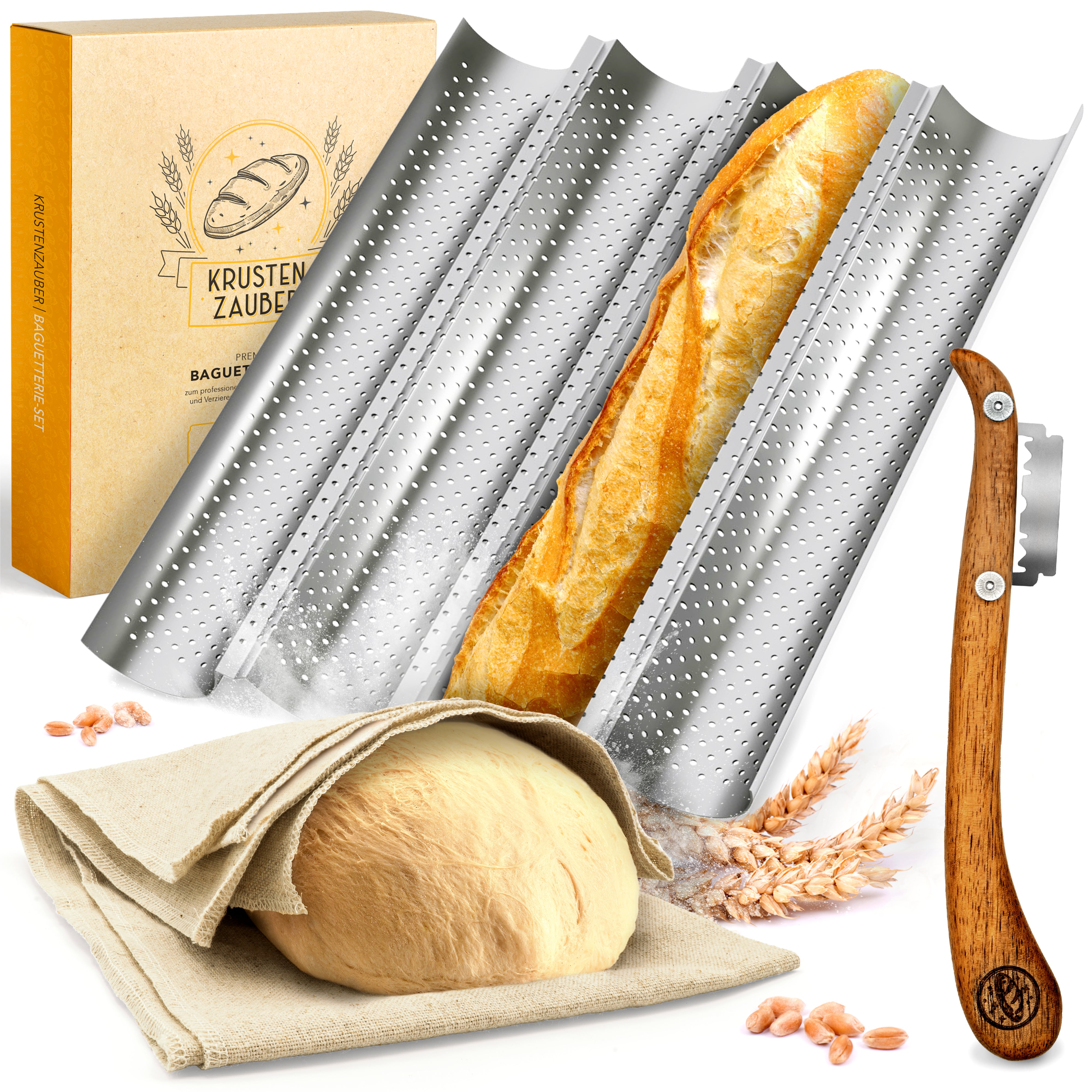 Baguette Backform (4 Mulden) + Bäckermesser + Bäckerleinen