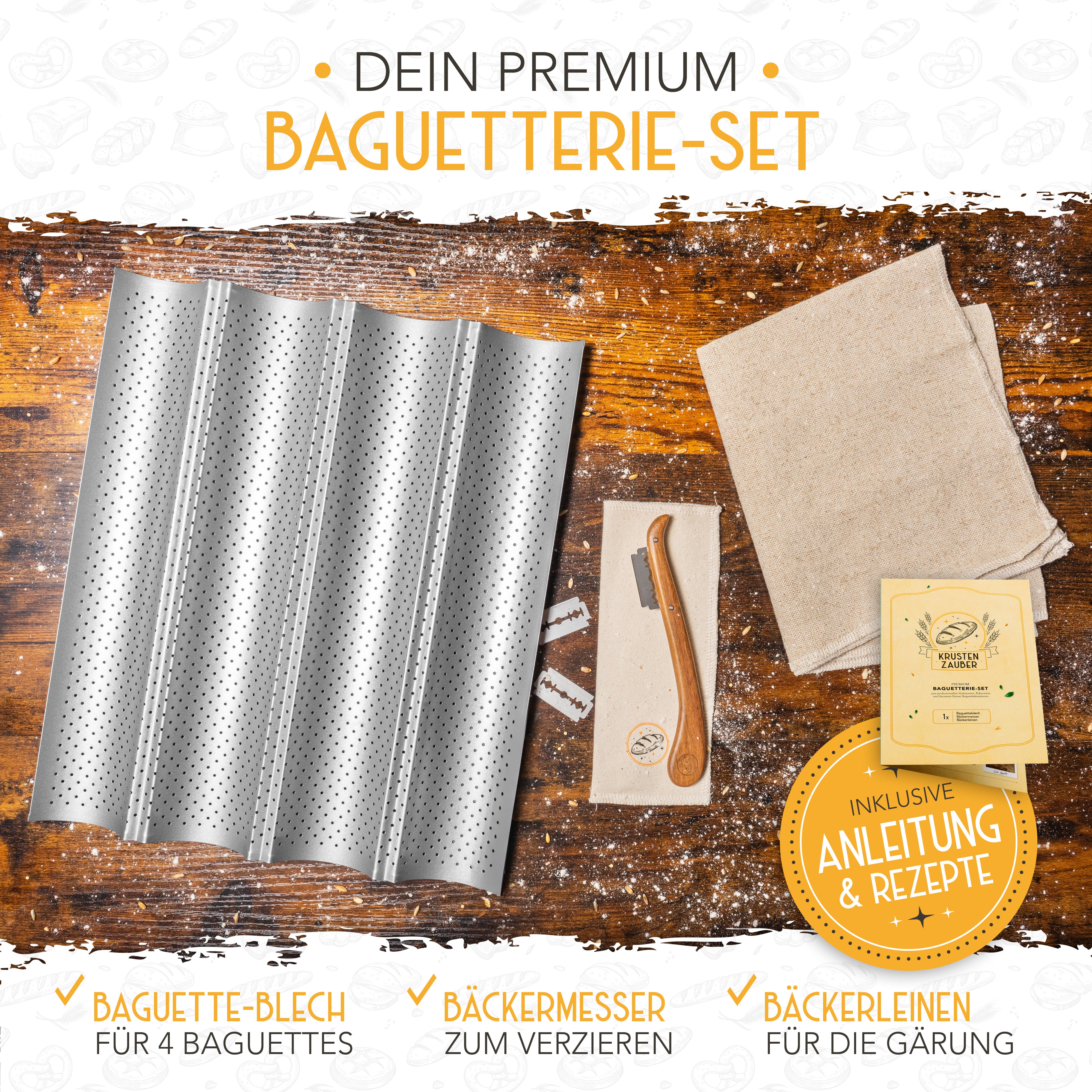 Baguette Backform (4 Mulden) + Bäckermesser + Bäckerleinen