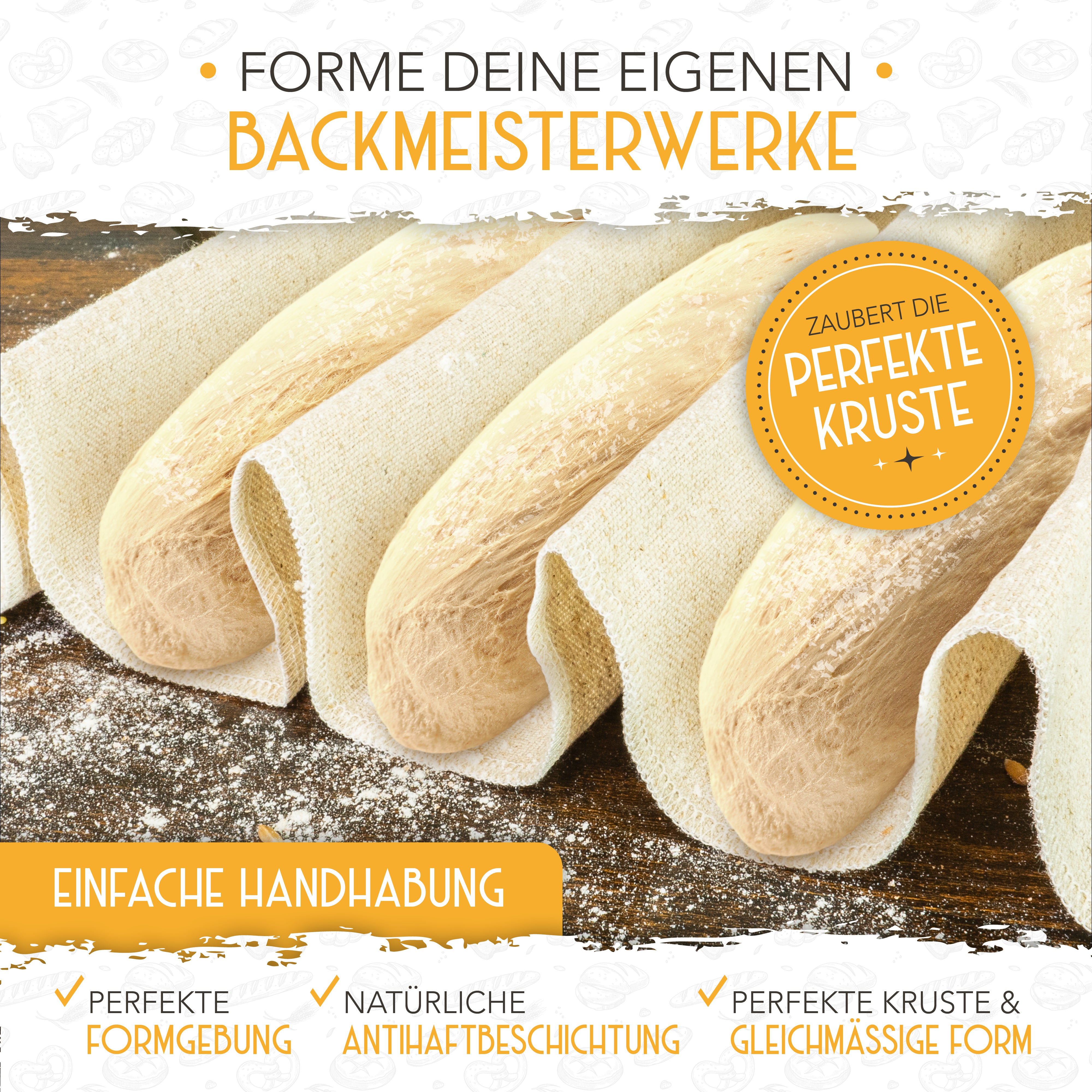 Baguette Backform (4 Mulden) + Bäckermesser + Bäckerleinen