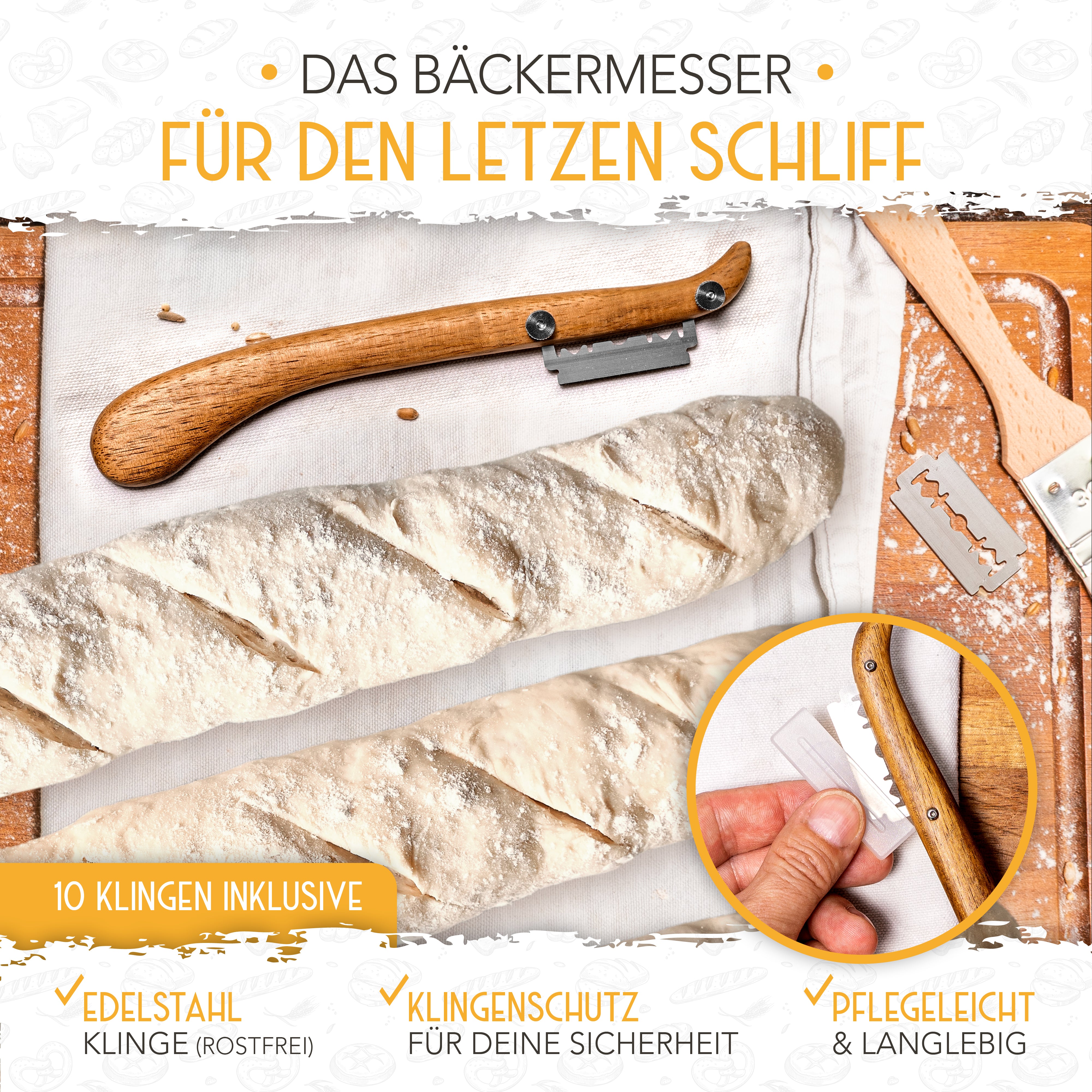 Baguette Backform (4 Mulden) + Bäckermesser + Bäckerleinen