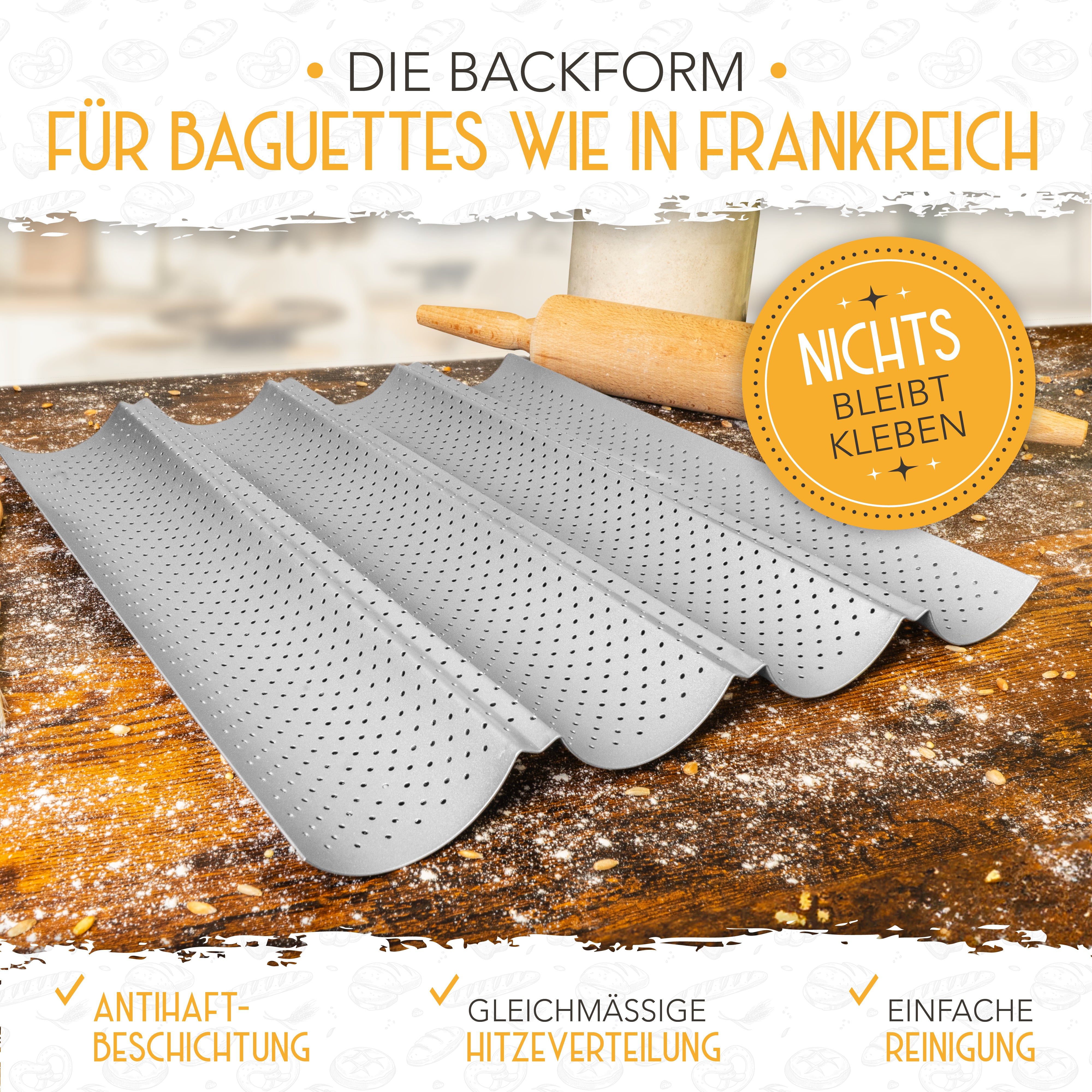 Baguette Backform (4 Mulden) + Bäckermesser + Bäckerleinen