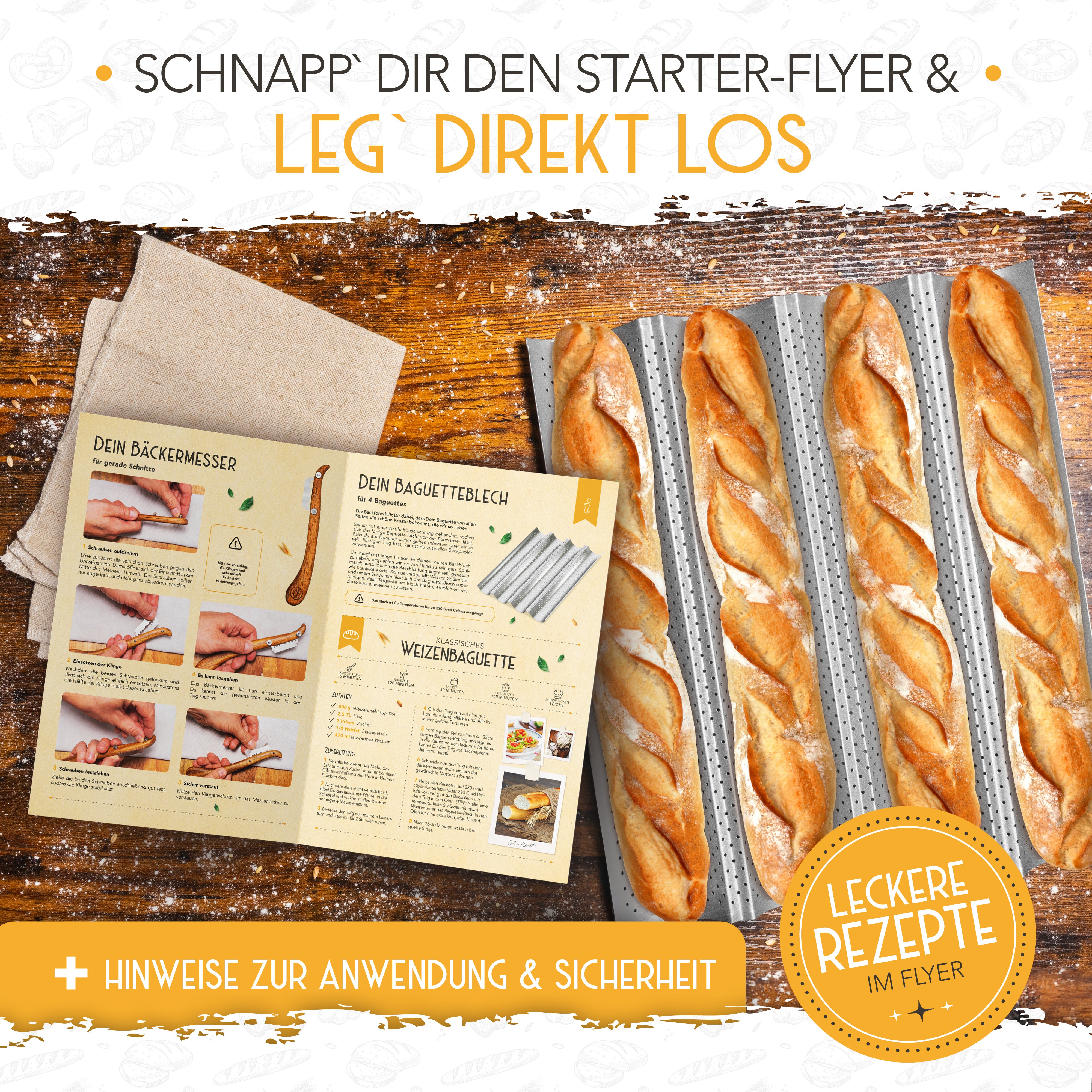 Baguette Backform (4 Mulden) + Bäckermesser + Bäckerleinen