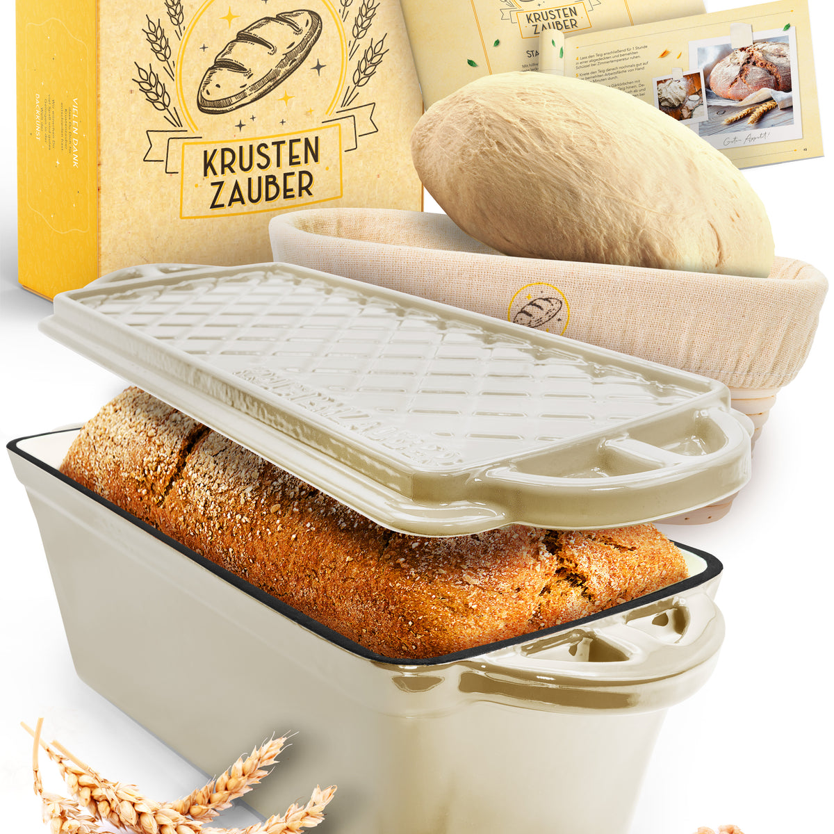 Emaille Brotbackform 28cm mit Deckel in Creme