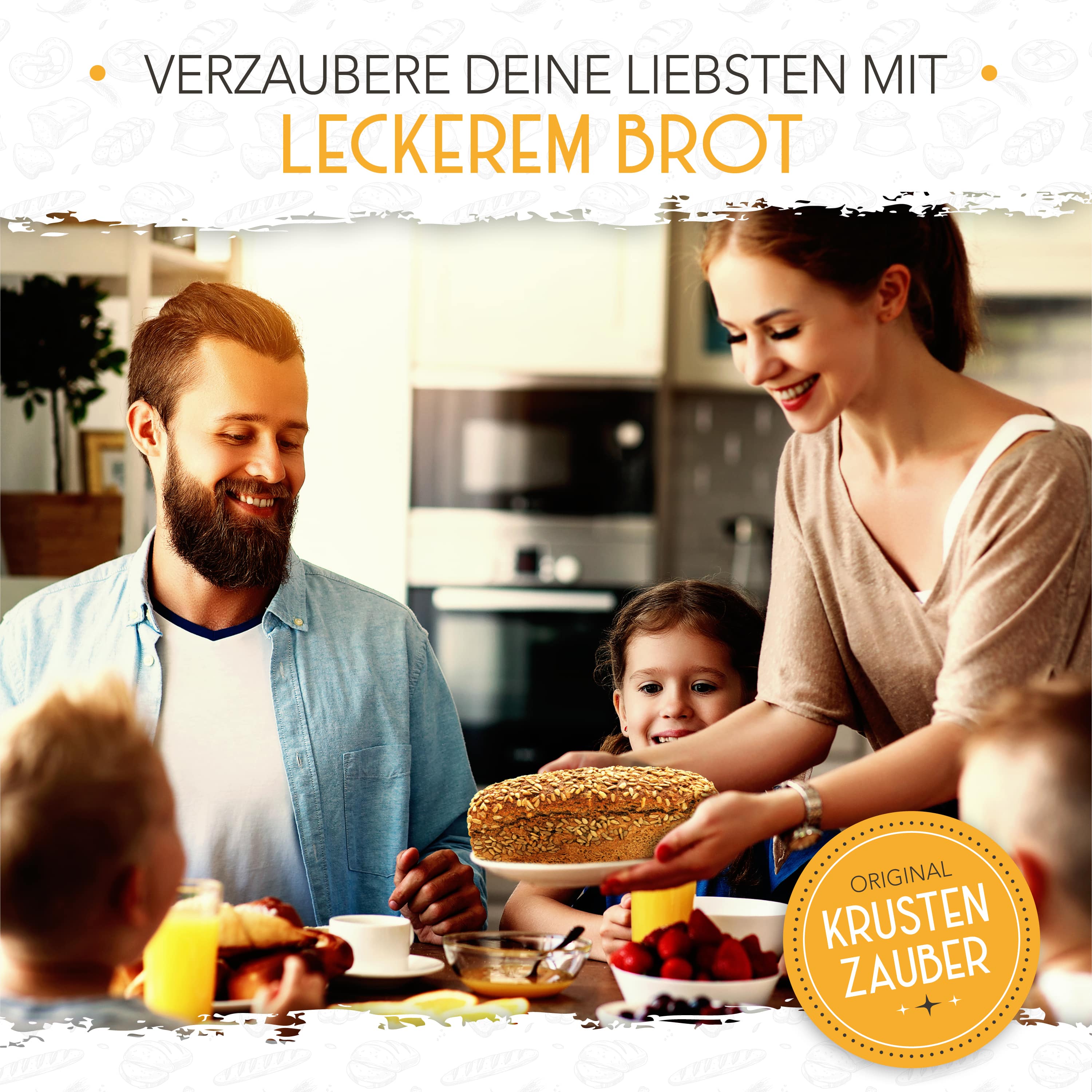 Eine glückliche Familie freut sich über ein perfekt gebackenes Brot aus einem Krustenzauber Brotbacktopf.