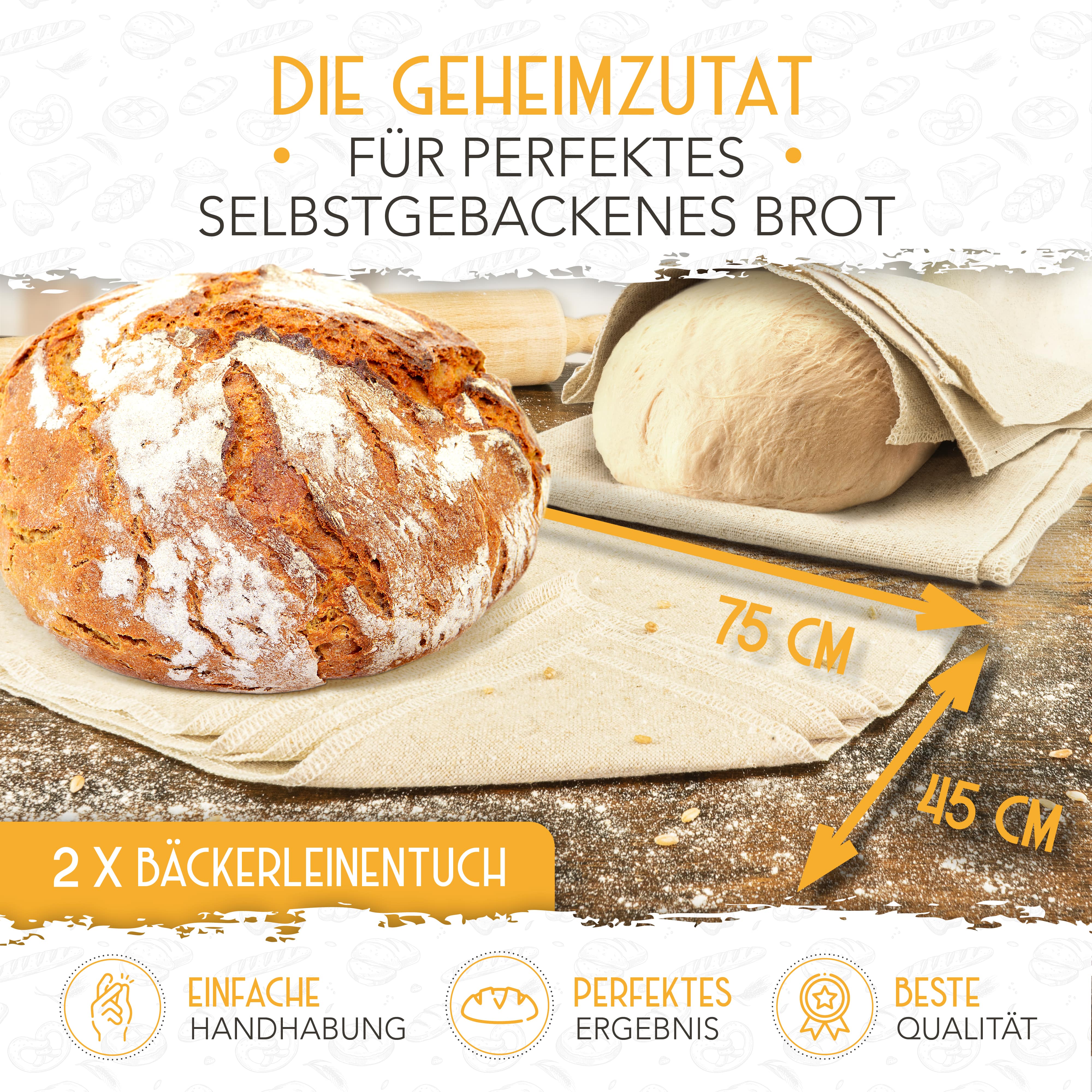 Ein Knuspriges Brot liegt auf einem Krustenzauber Bäckerleinen in den Dimensionen 75cm x 45cm