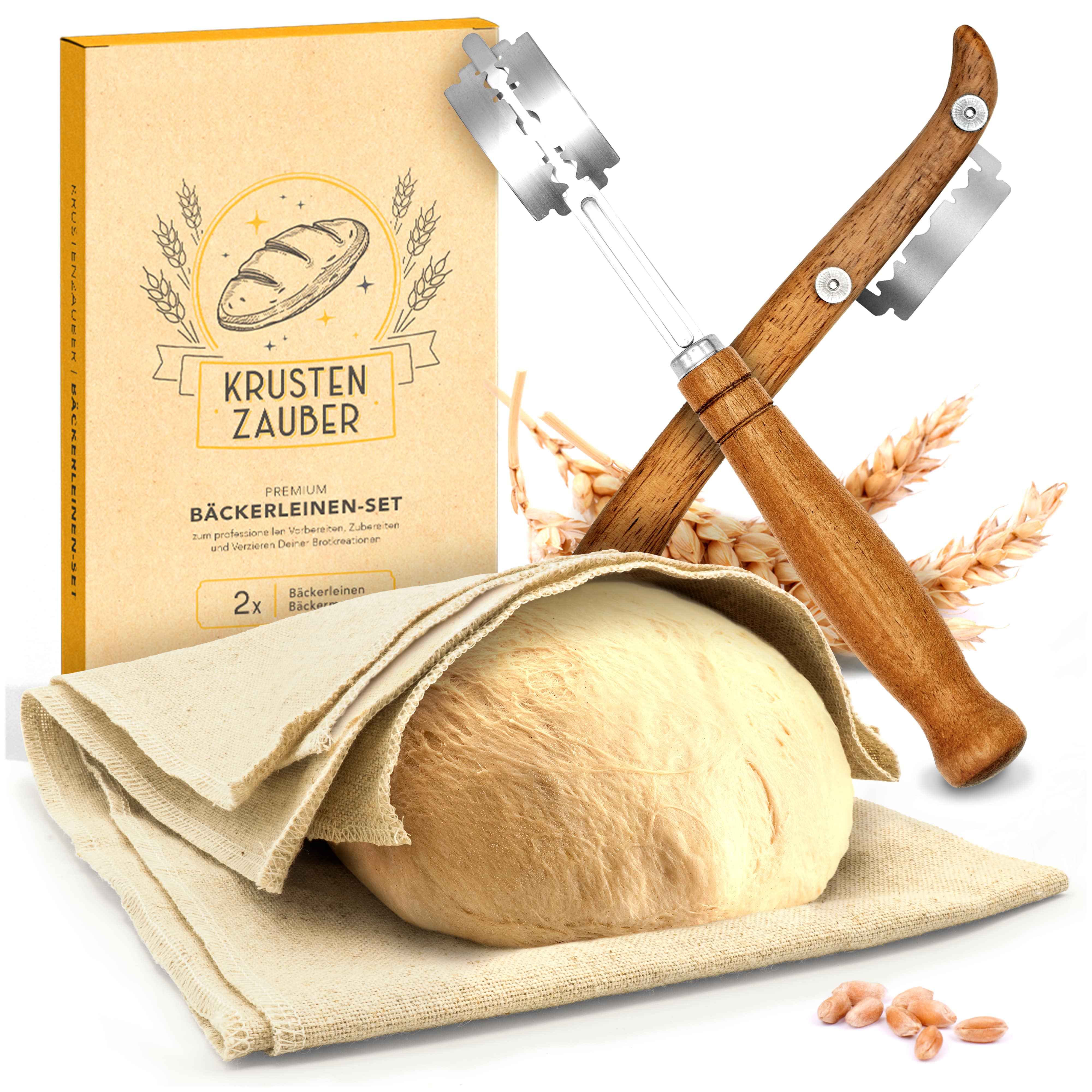 Das Krustenzauber Bäckerleinen und Teigmesser Set mit Anleitung und Messer für gerade und geschwungene Schnitte.