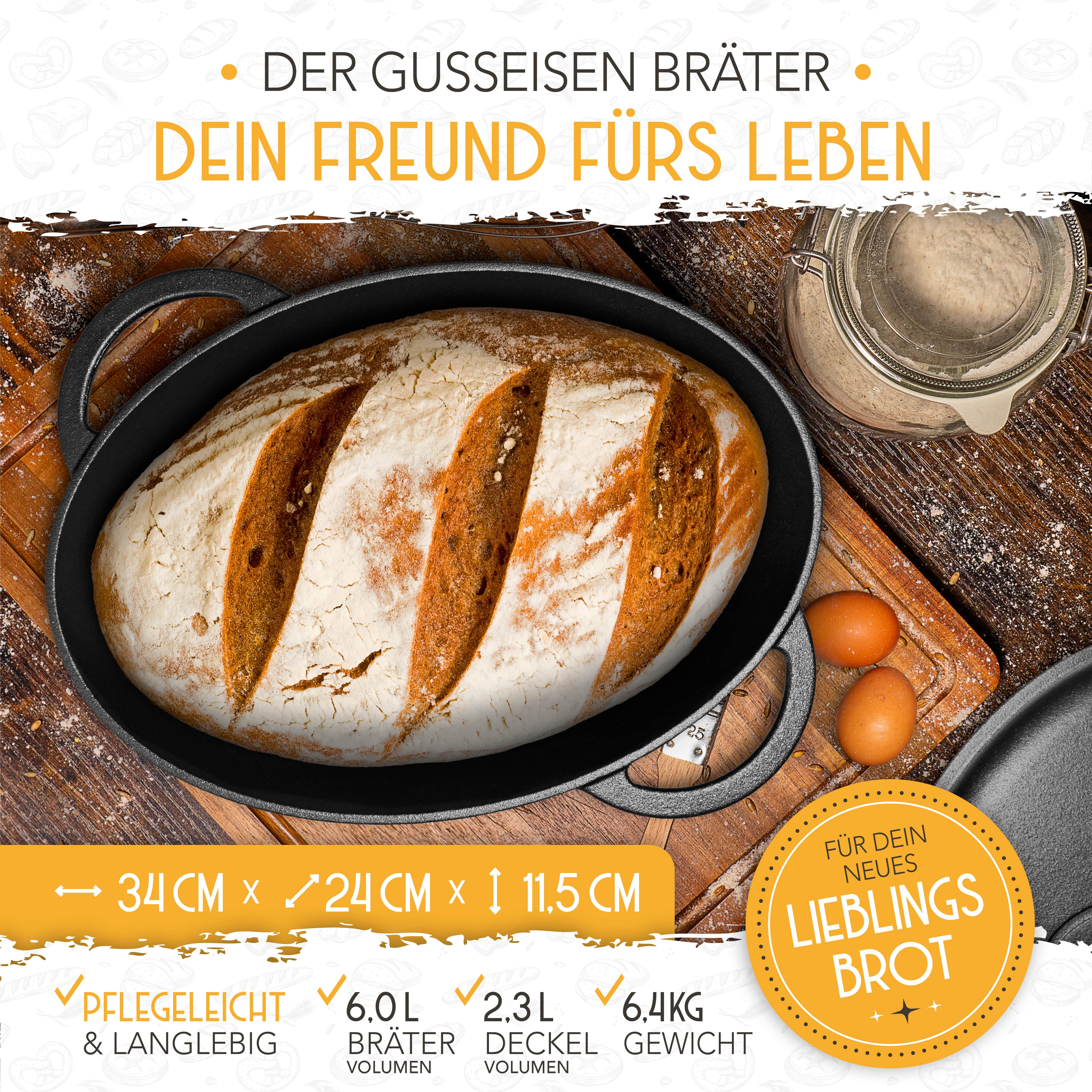 Ein herrlich aufgebackenes Brot liegt in einem Krustenzauber Gusseisen Bräter. Anbei sieht man Grafiken zu den Maßen des Topfs und der Pflegeleichten und Langlebigen Eigenschaften des Krustenzauber Gusseisen Bräter.