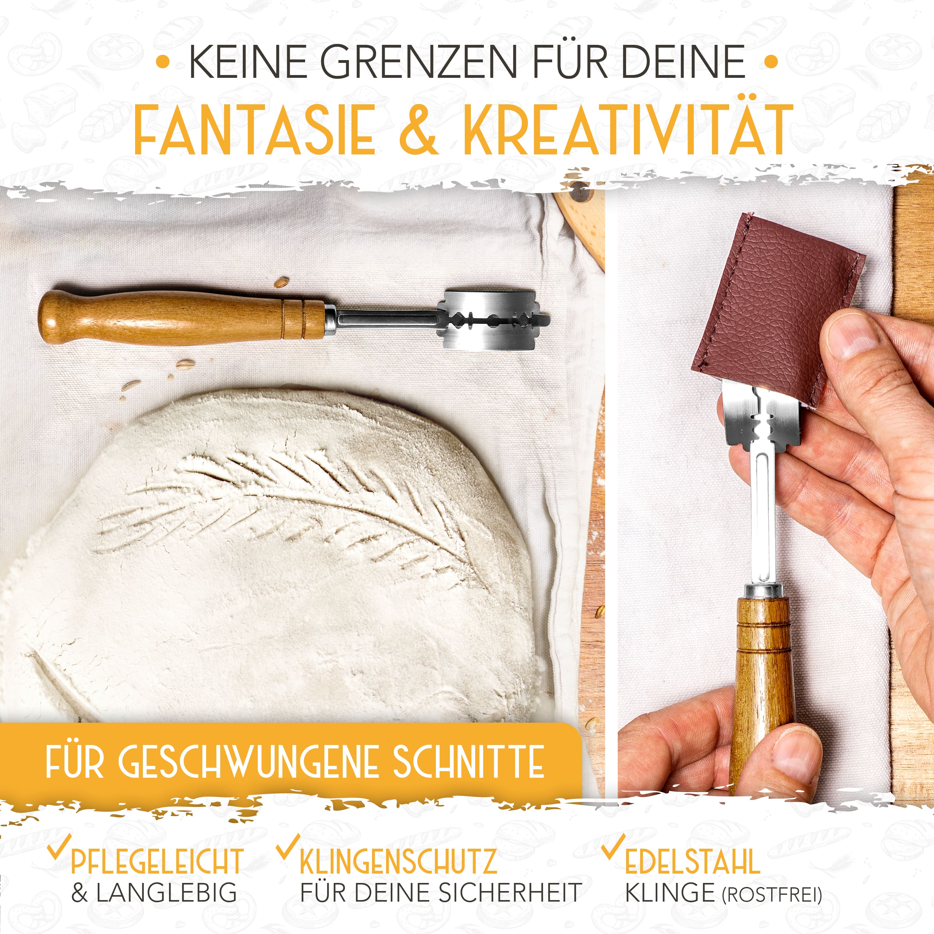 Teigmesser von Krustenzauber ermöglichen geschwungene Schnitte im Brot und sind pflegeleicht.